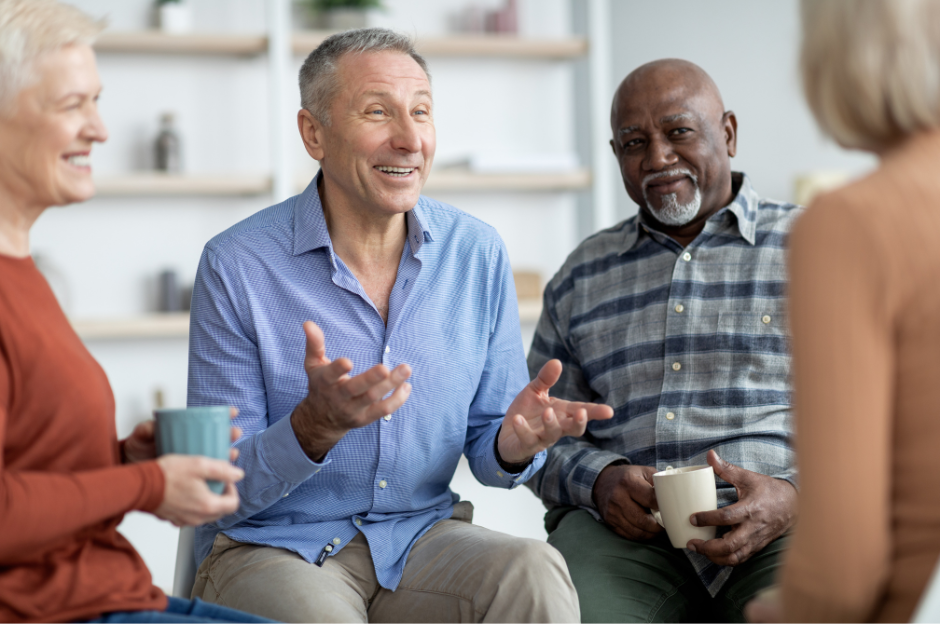 A group of older people are sitting around a table talking to each other.