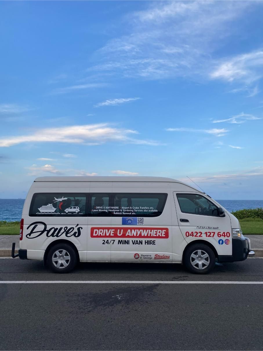 White Van Parked in a Row on Asphalt — Dave's Drive U Anywhere 24/7 Mini Van Hire In Kiama, NSW