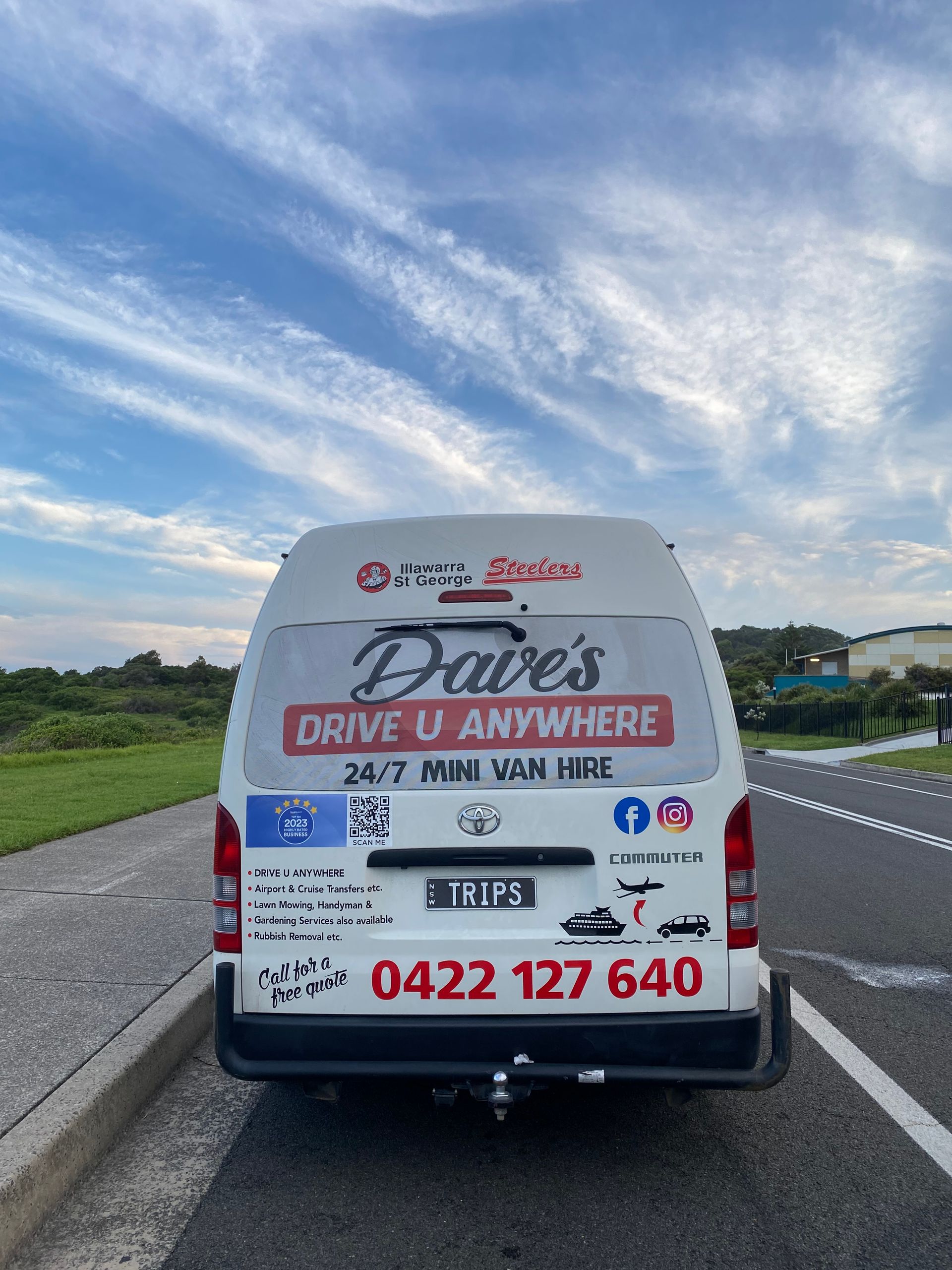 Picture of a mini van from Dave's Drive U Anywhere 24/7 Mini Van Hire, parked roadside.