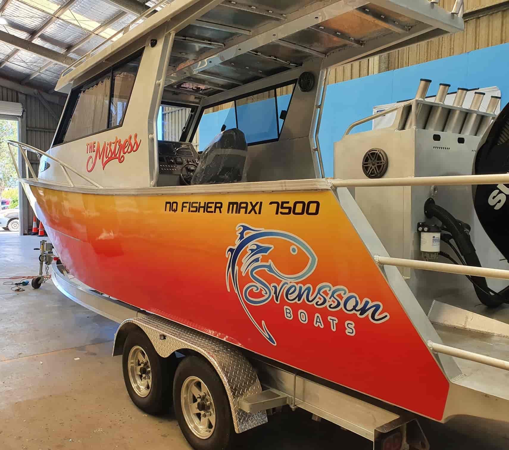A Boat On A Trailer That Says Svensson Boats On It — Sun City Signs In Paget, QLD