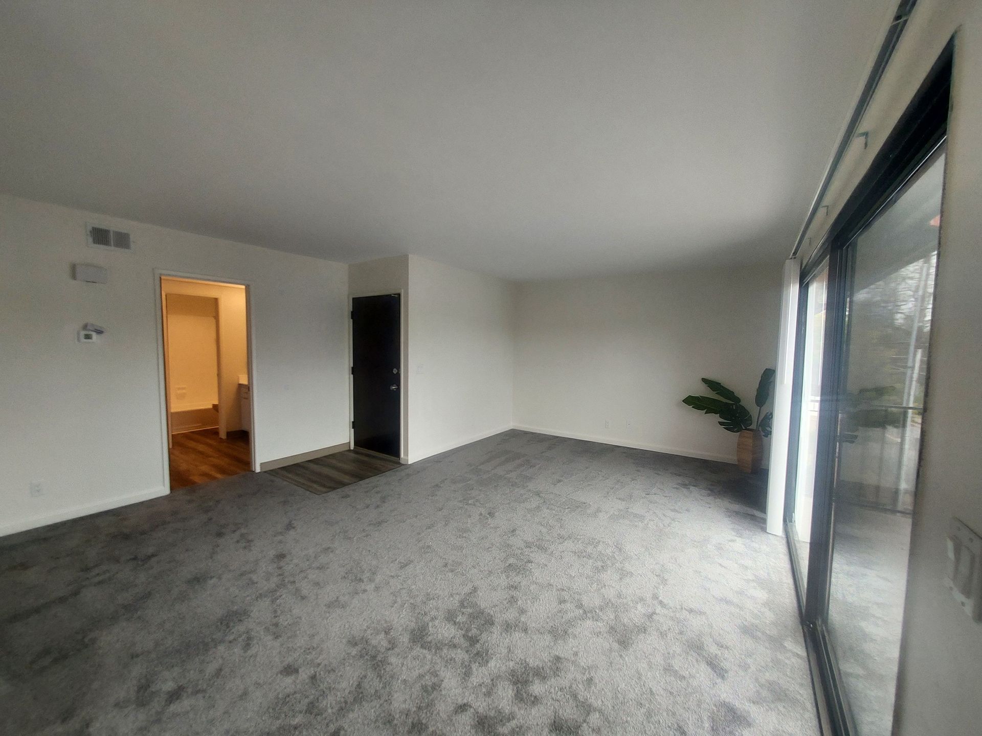 An empty living room with a gray carpet and sliding glass doors.