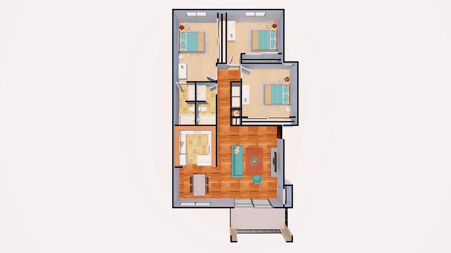 A floor plan of a house with three bedrooms and a living room.