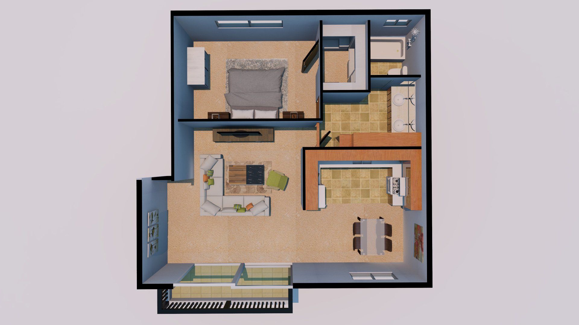 An aerial view of a floor plan of a house.