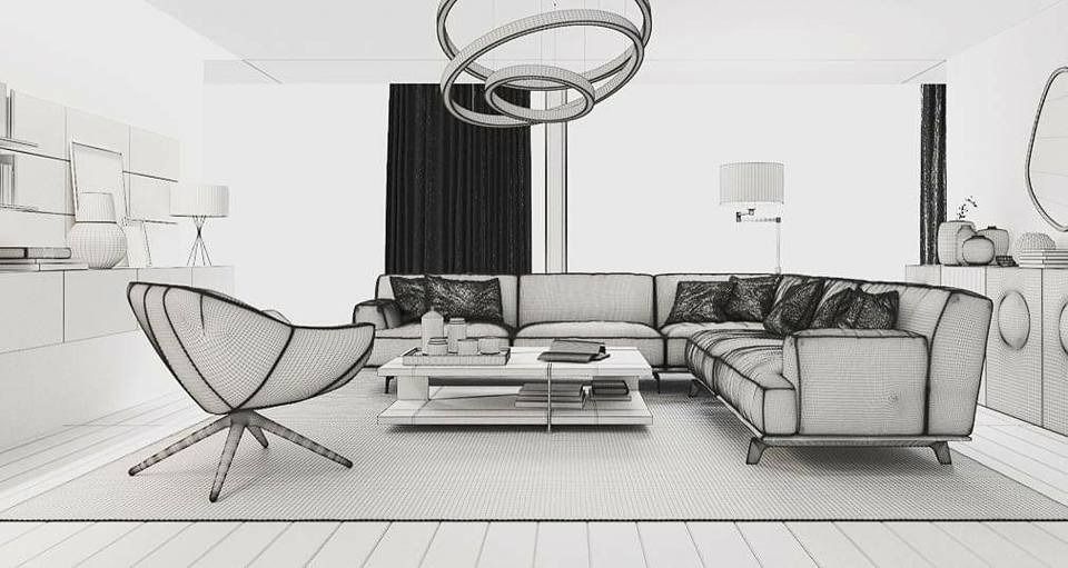un disegno in bianco e nero di un soggiorno con divano , sedia e tavolino .