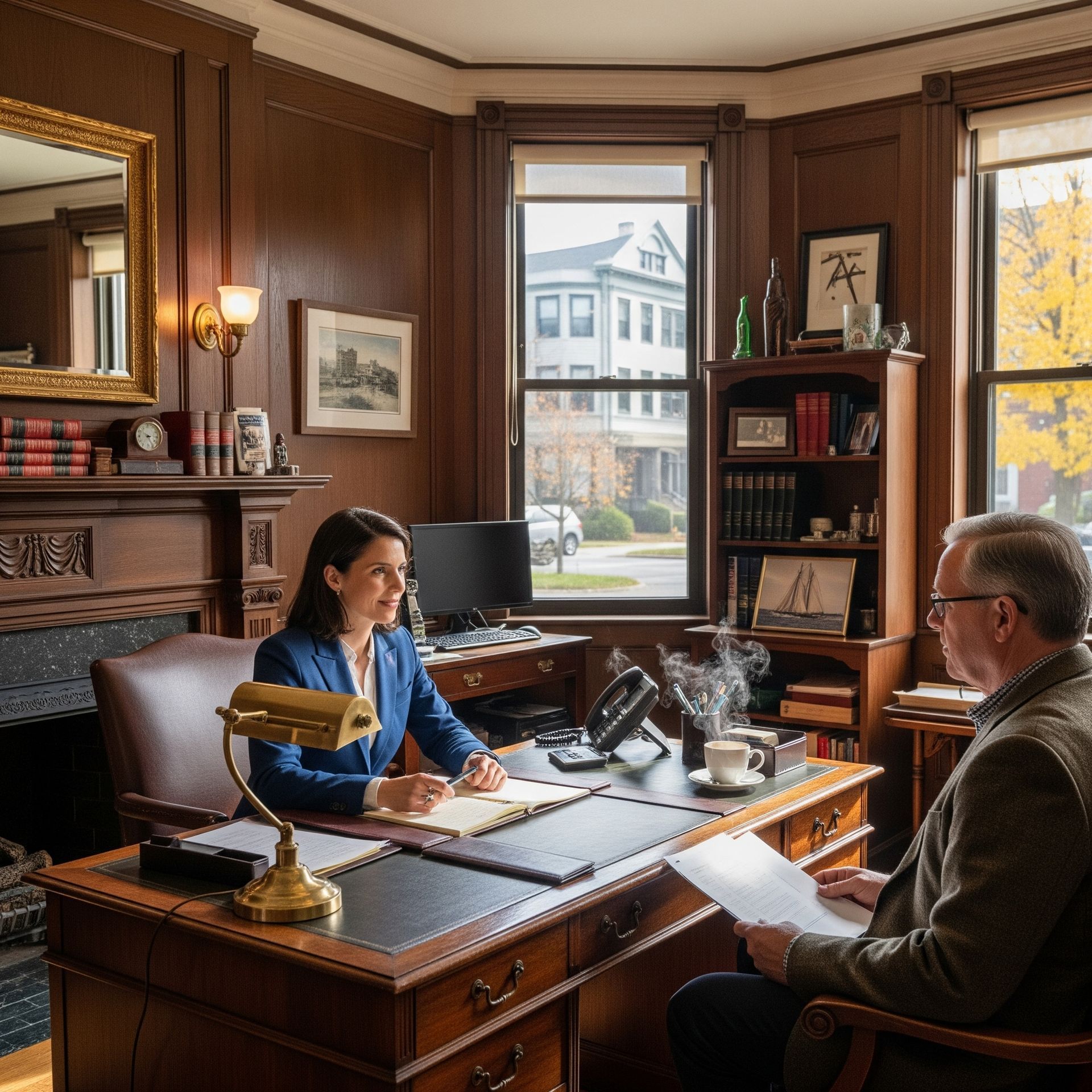 Image of a lawyer discussing terms with a client who found them via SEO