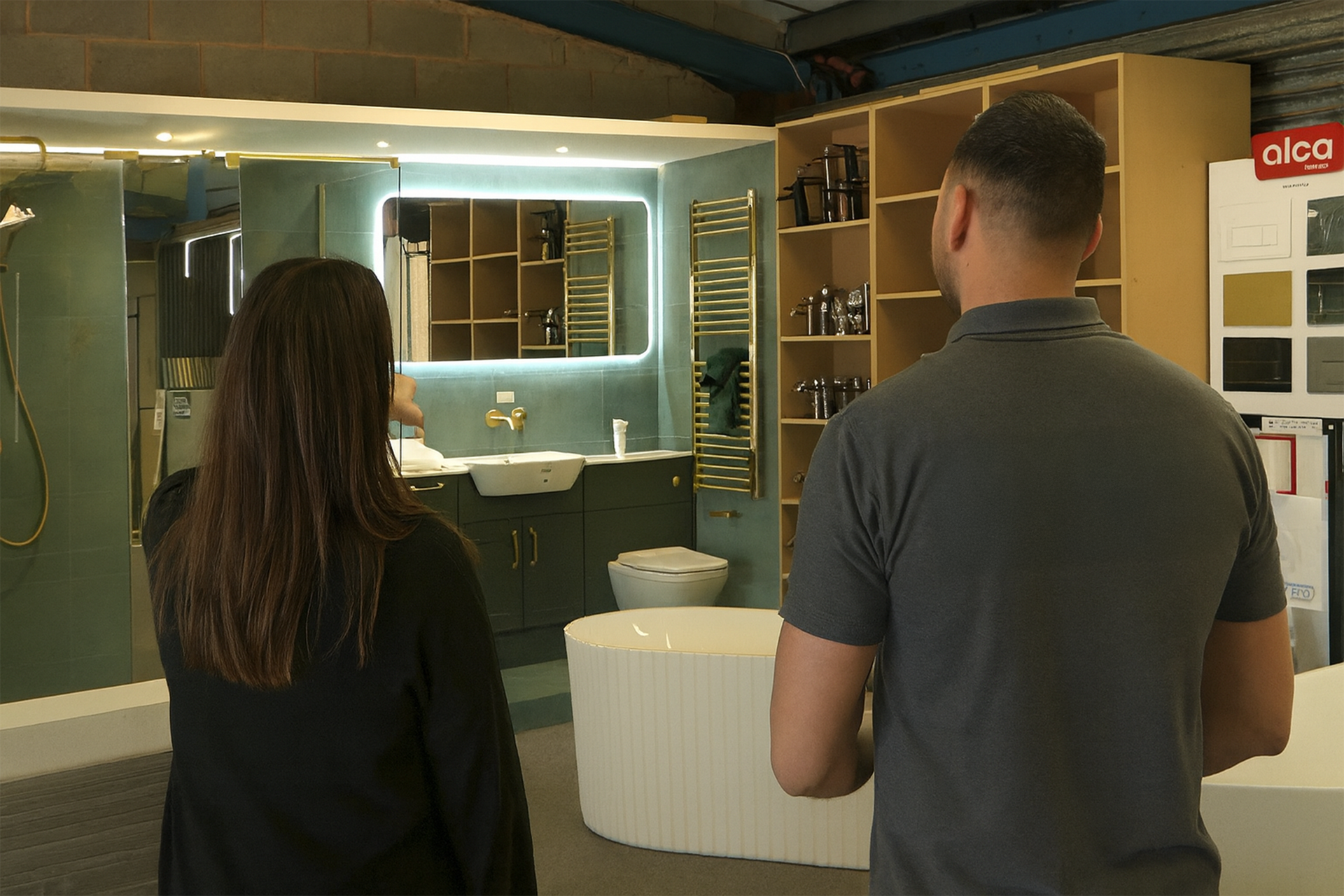 Two people looking at a bathroom display in a showroom, including a vanity and shelving.