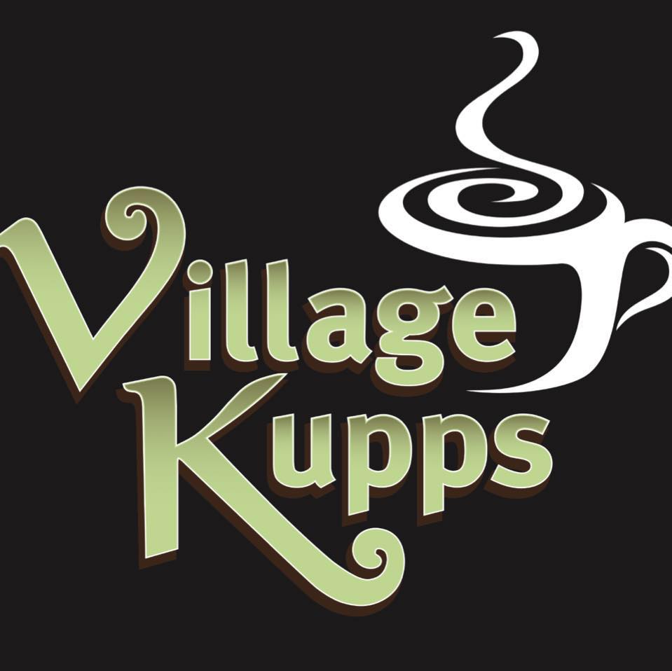 A logo for village kupps with a cup of coffee on a black background