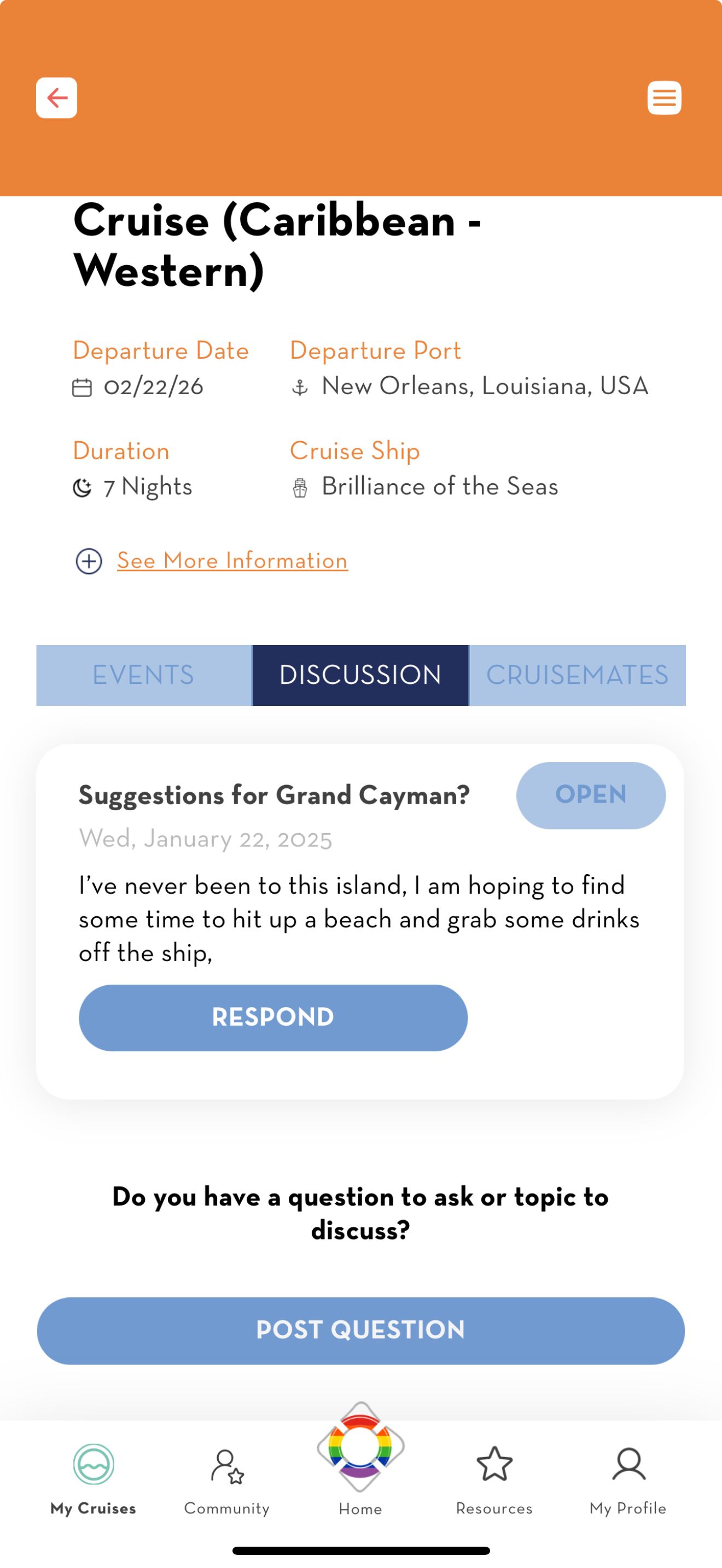 Screenshot of a cruise details page in the meet me onboard app where you can see the community section highlighted. 