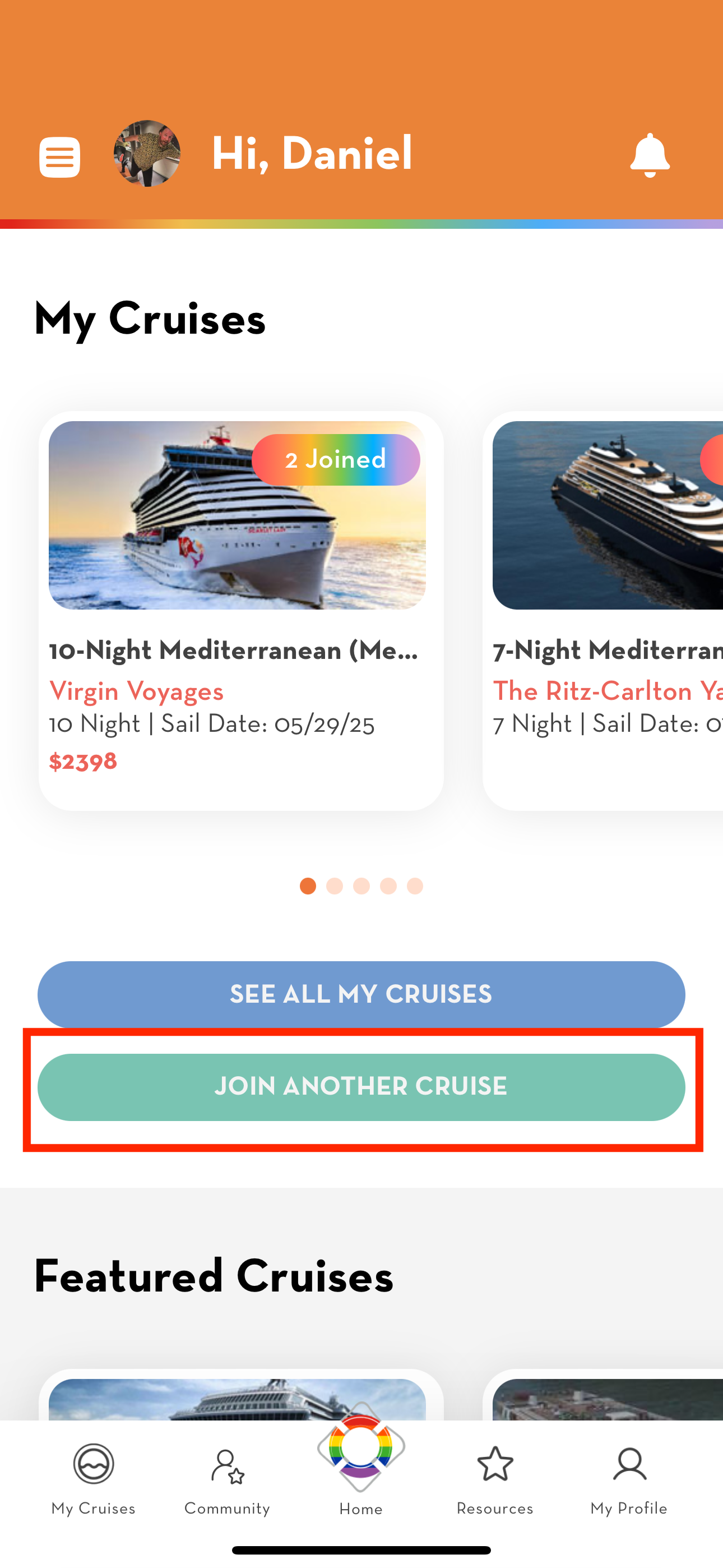 Screenshot of the homepage of the meet me onboard app highlighting where you can tap, 'join a cruise'