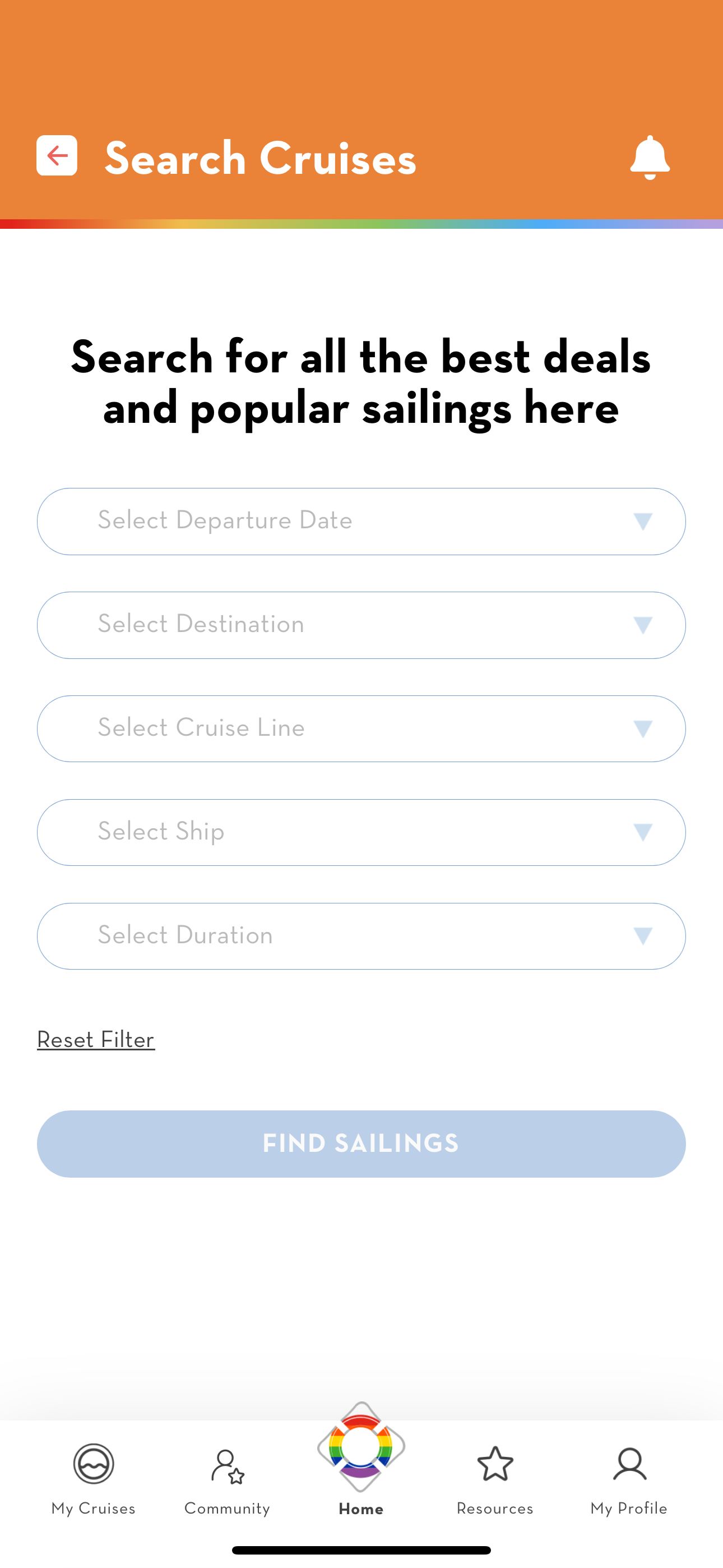 Screenshot of the 'Find a Cruise' page within the meet me onboard app