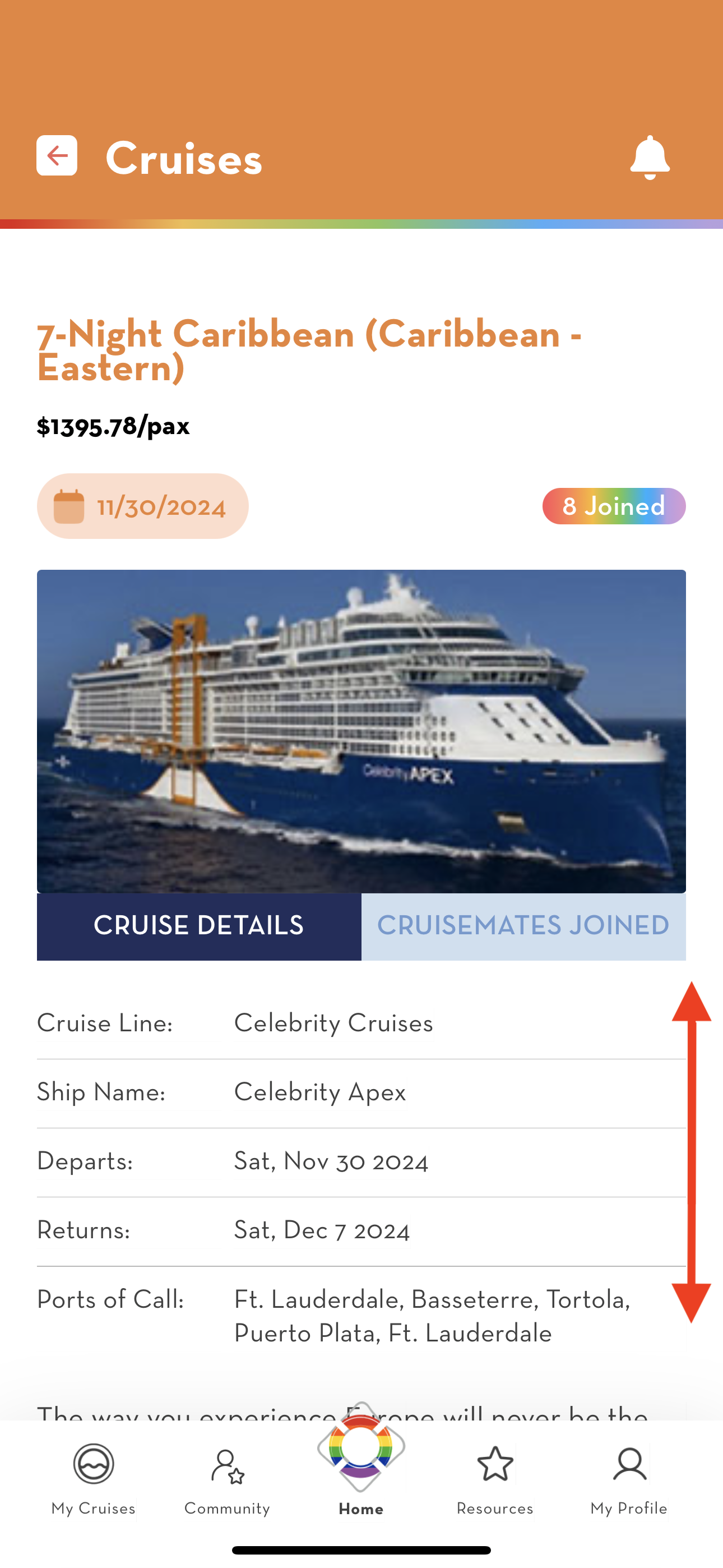 Screenshot of the details page for a specific cruise in the meet me onboard app. 