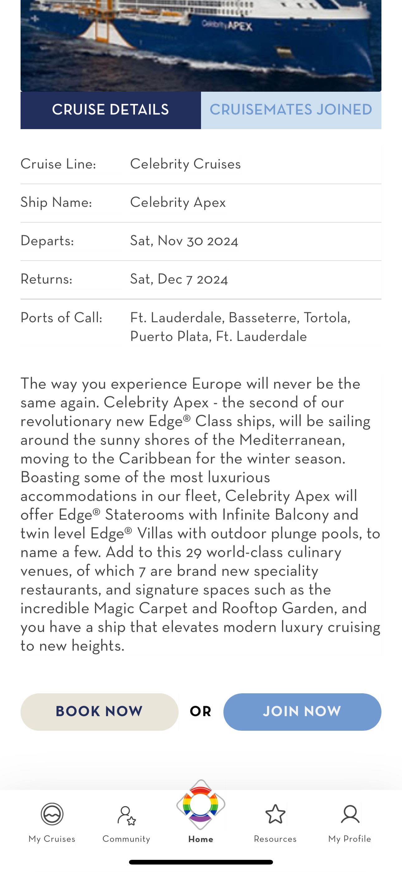 Screenshot of the bottom of a cruise details page in the meet me onboard app where you can choose to book a cruise or join a cruise