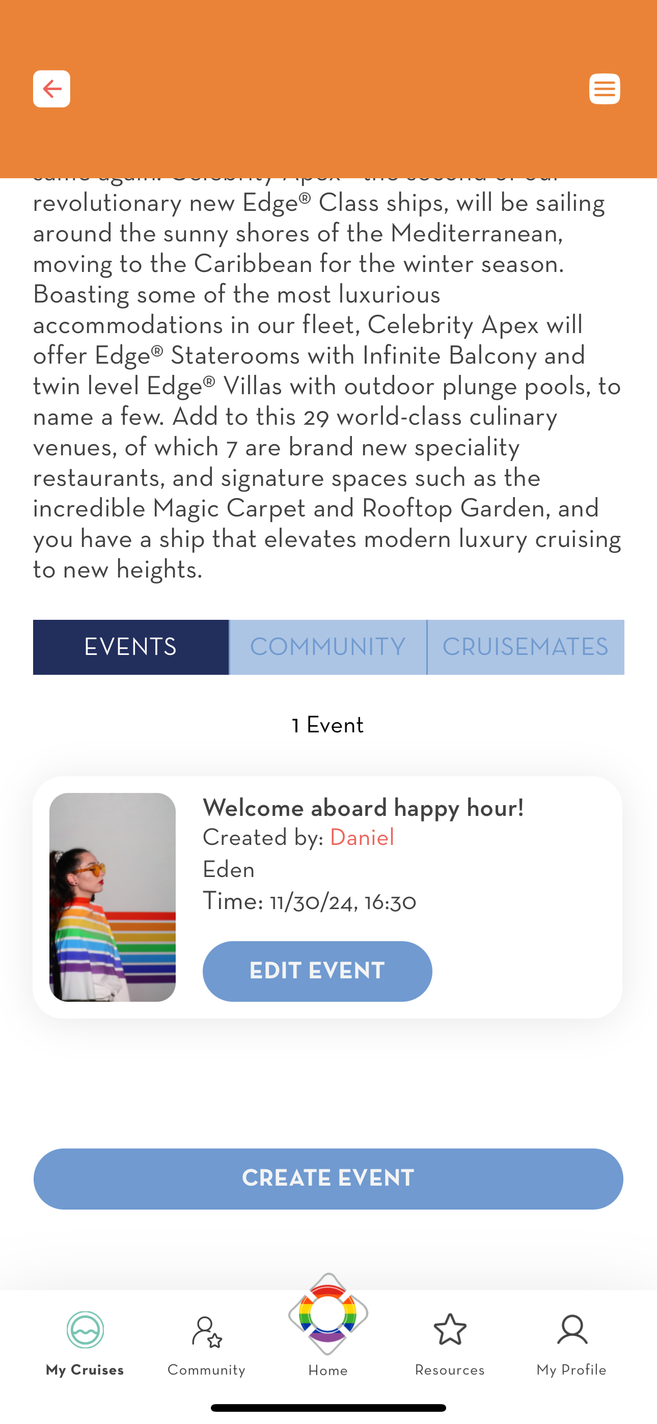 Screenshot of a cruise details page in the meet me onboard app where you can see the events section highlighted. 