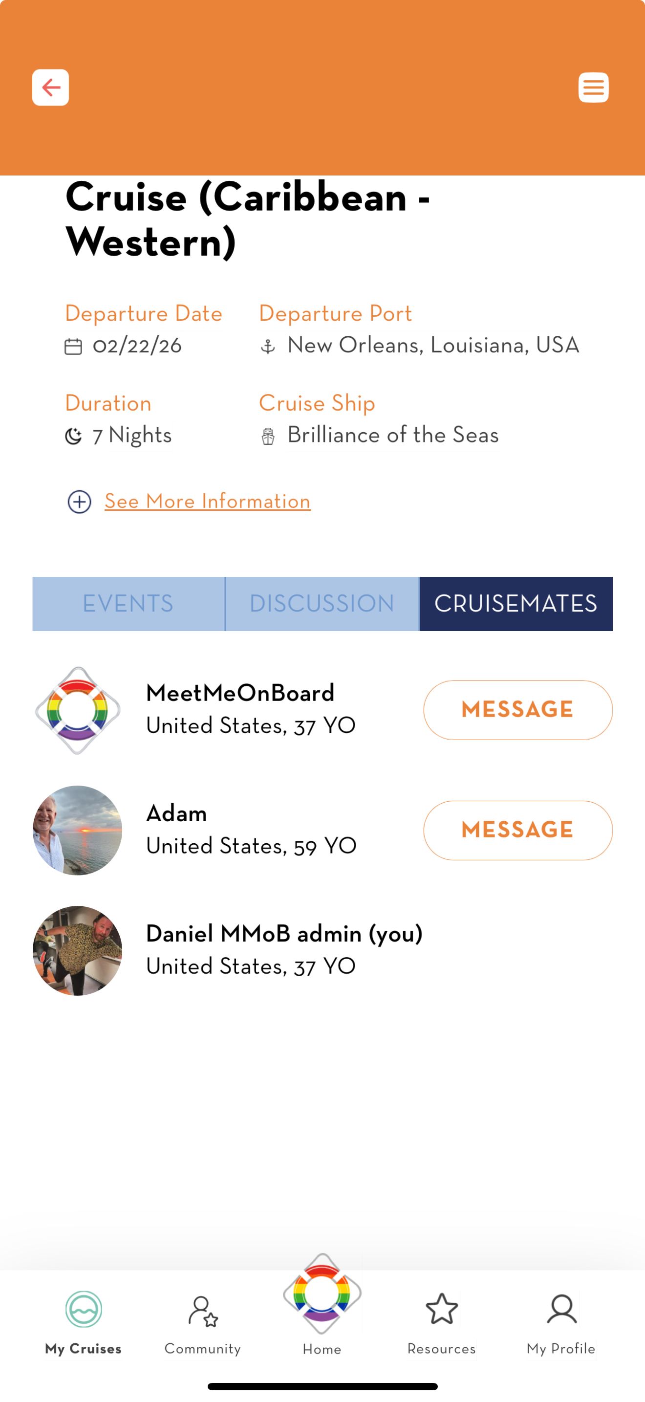 Screenshot of the meet me onboard app within a specific cruise where you can see the cruisemates who have joined the sailing and where you can choose to connect with them. 