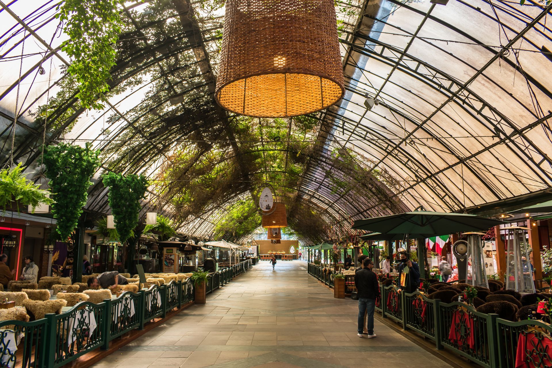 A man is walking down a very long hallway in a greenhouse.