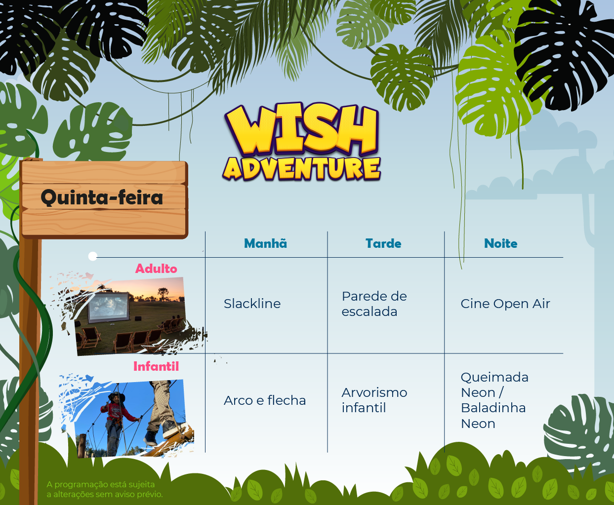 Programação de lazer para quinta-feira, da Wish Adventure para o Wish Foz do Iguaçu Resort