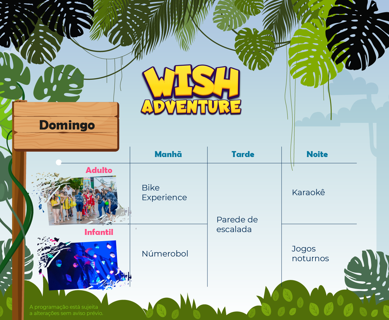 Programação de lazer para domingo, da Wish Adventure para o Wish Foz do Iguaçu Resort