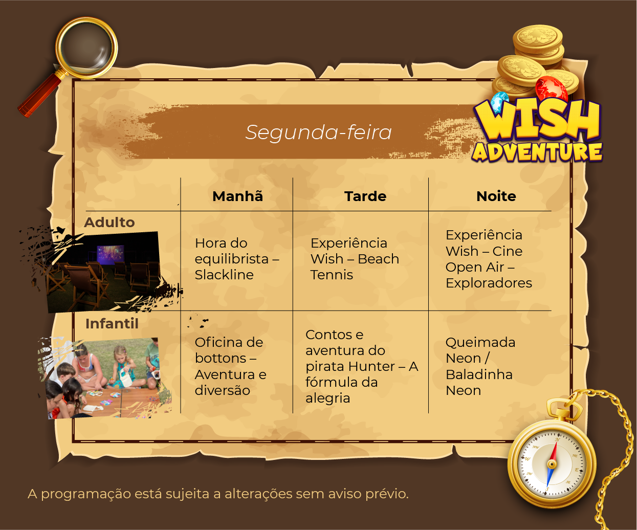 Programação de lazer para segunda-feira, da Wish Adventure para o Wish Natal Resort