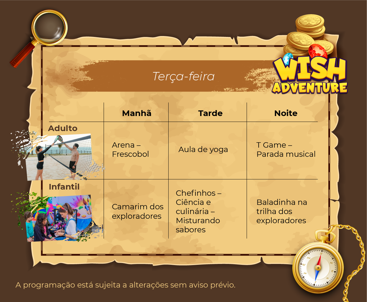 Programação de lazer para terça-feira, da Wish Adventure para o Wish Natal Resort