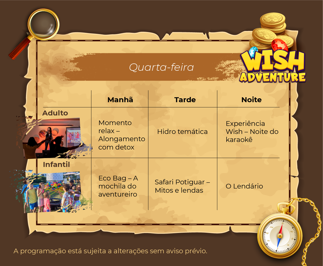 Programação de lazer para quarta-feira, da Wish Adventure para o Wish Natal Resort