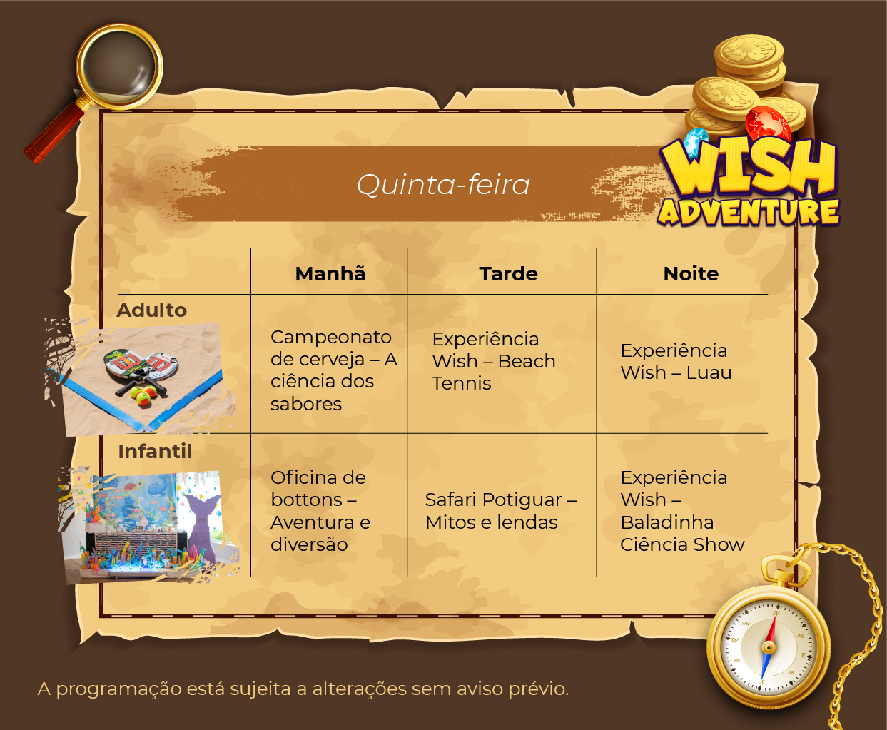 Programação de lazer para quinta-feira, da Wish Adventure para o Wish Natal Resort