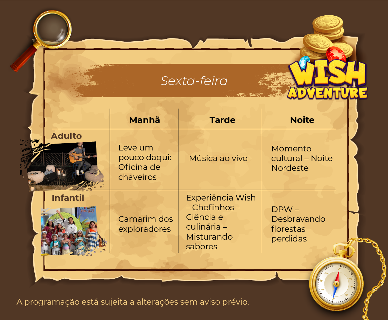 Programação de lazer para sexta-feira, da Wish Adventure para o Wish Natal Resort