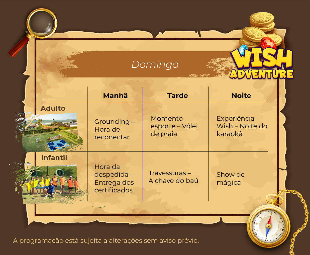 Programação de lazer para domingo, da Wish Adventure para o Wish Natal Resort