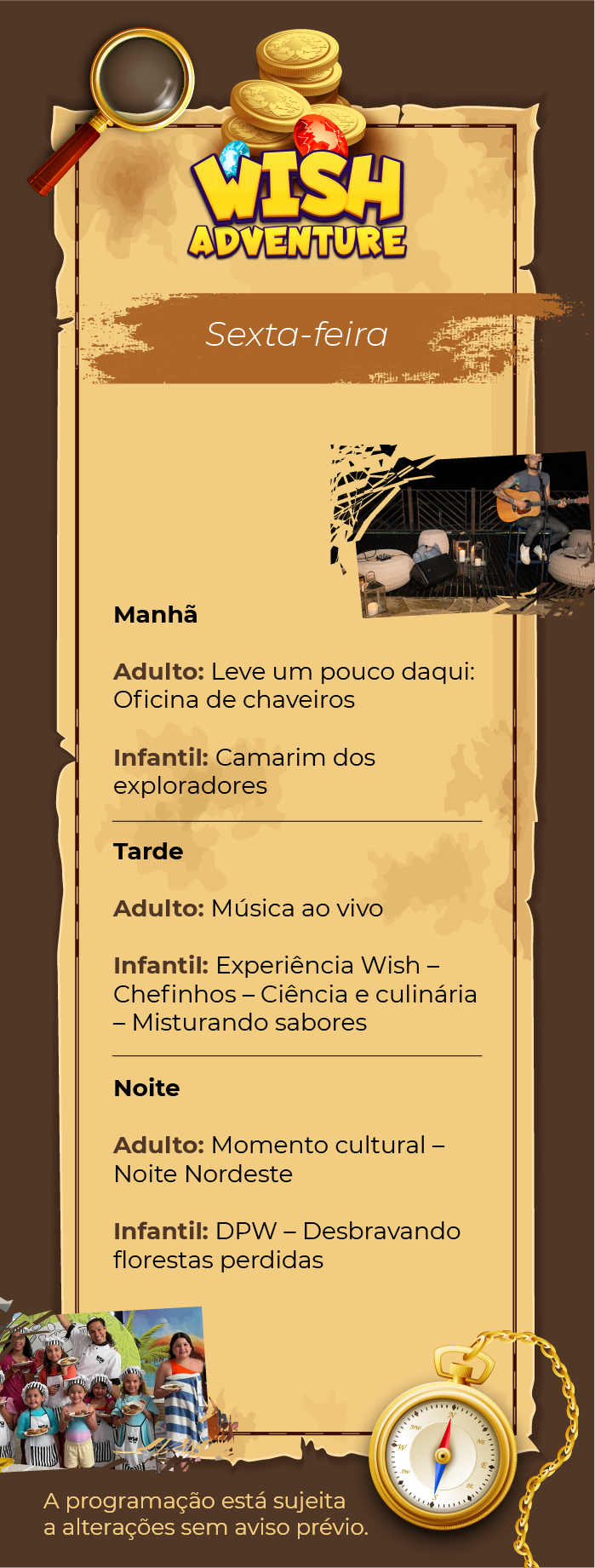 Programação de lazer para sexta-feira, da Wish Adventure para o Wish Natal Resort