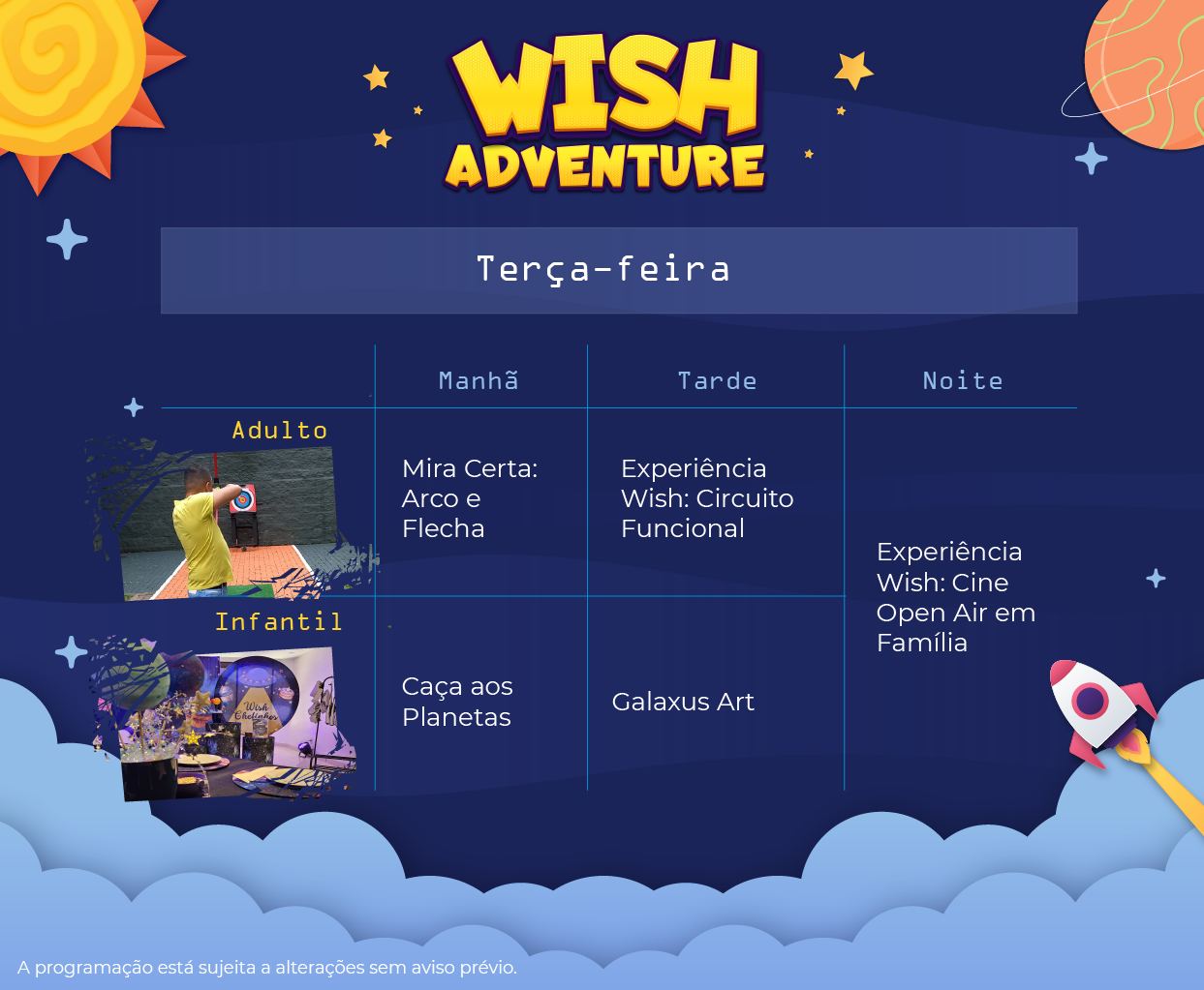 Programação de lazer para terça-feira, da Wish Adventure para o Wish Serrano Resort