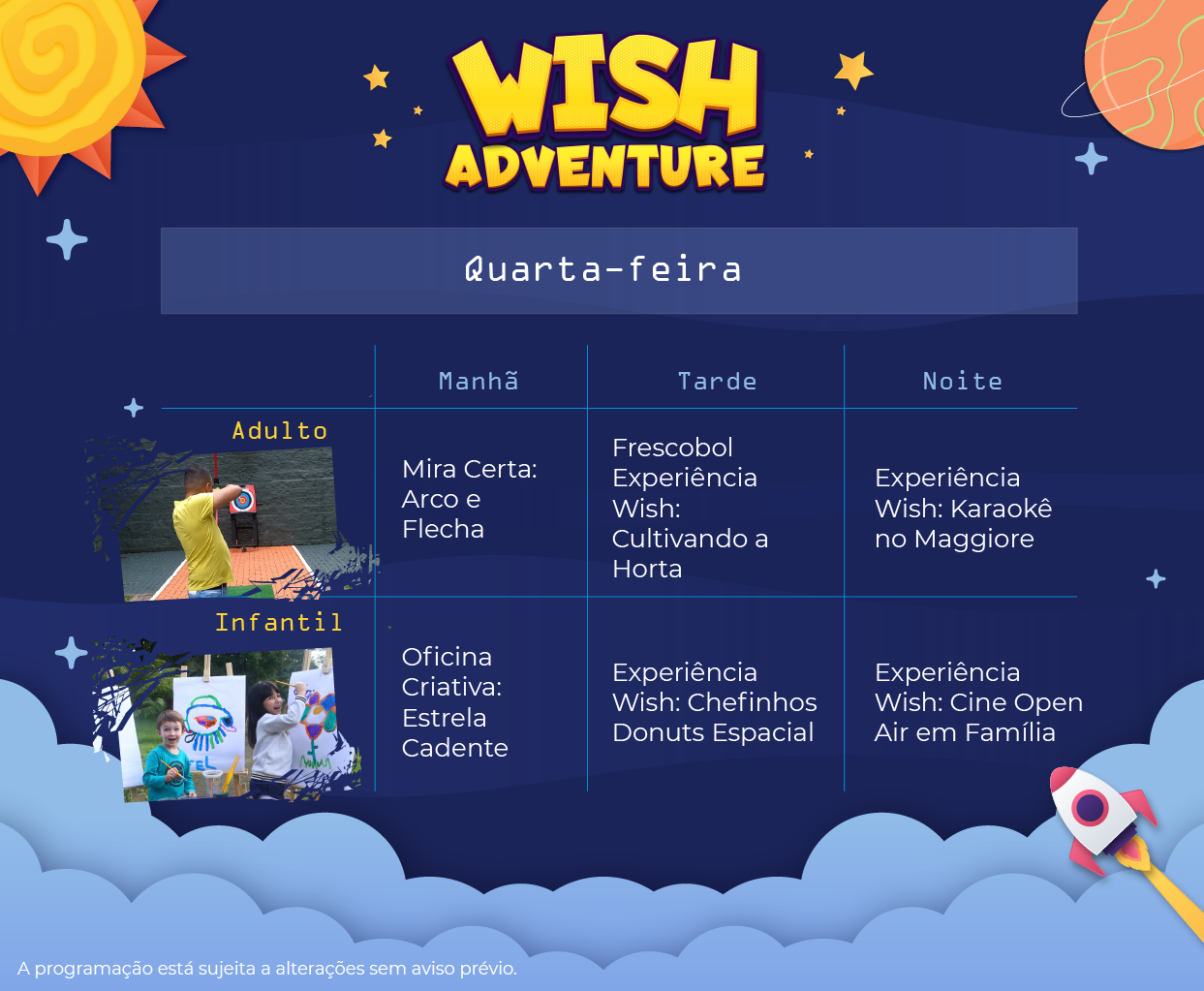 Programação de lazer para quarta-feira, da Wish Adventure para o Wish Serrano Resort