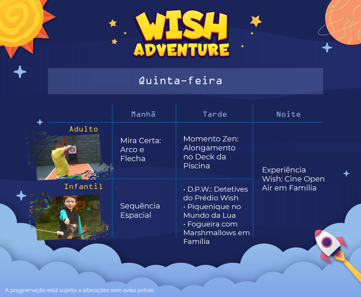 Programação de lazer para quinta-feira, da Wish Adventure para o Wish Serrano Resort