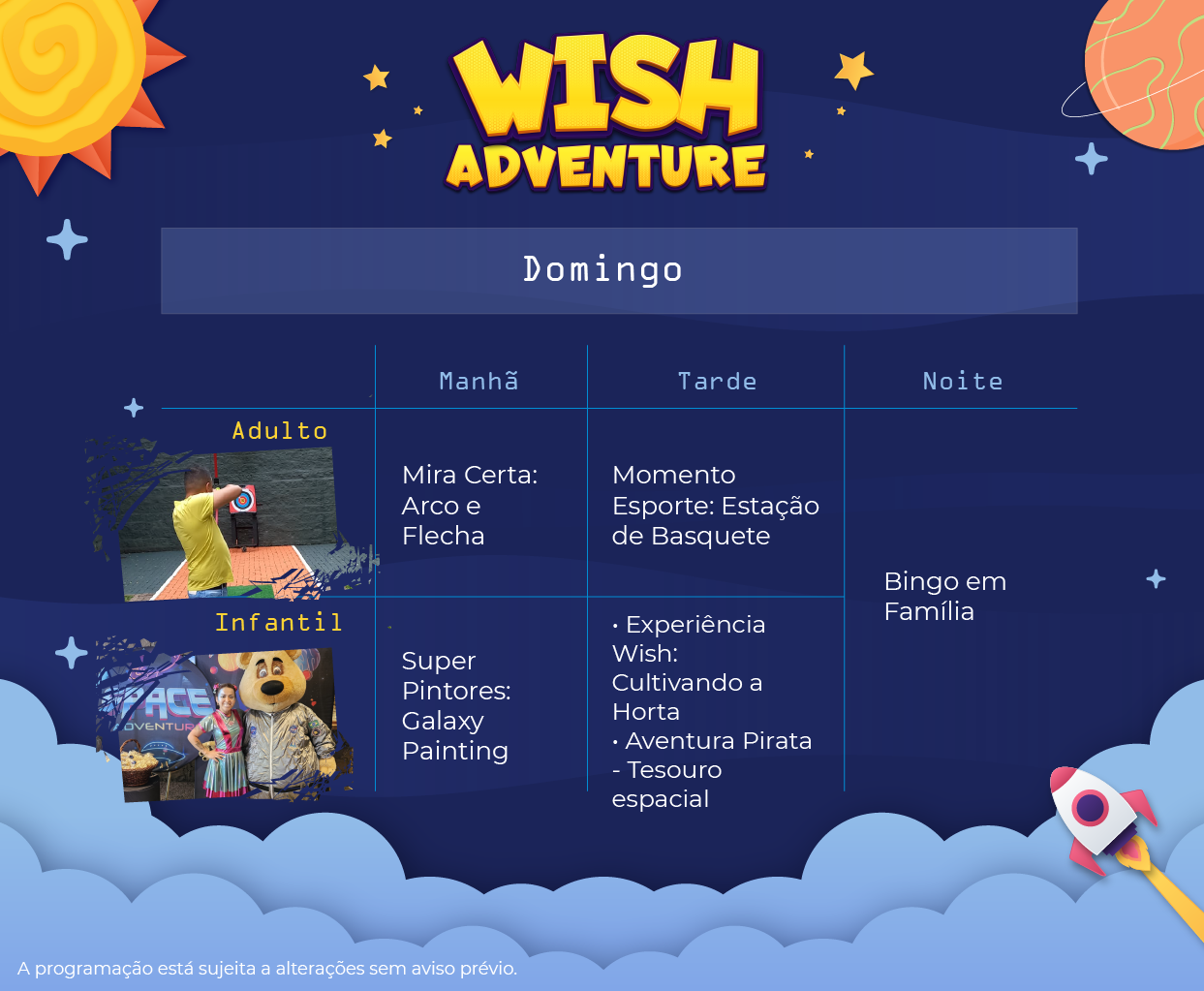 Programação de lazer para domingo, da Wish Adventure para o Wish Serrano Resort