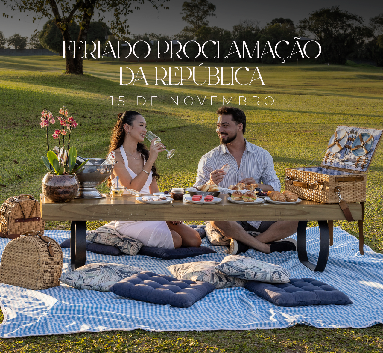 Couple picnicando sobre manta xadrez em um campo, com cesta, flores e mesa baixa decorada.