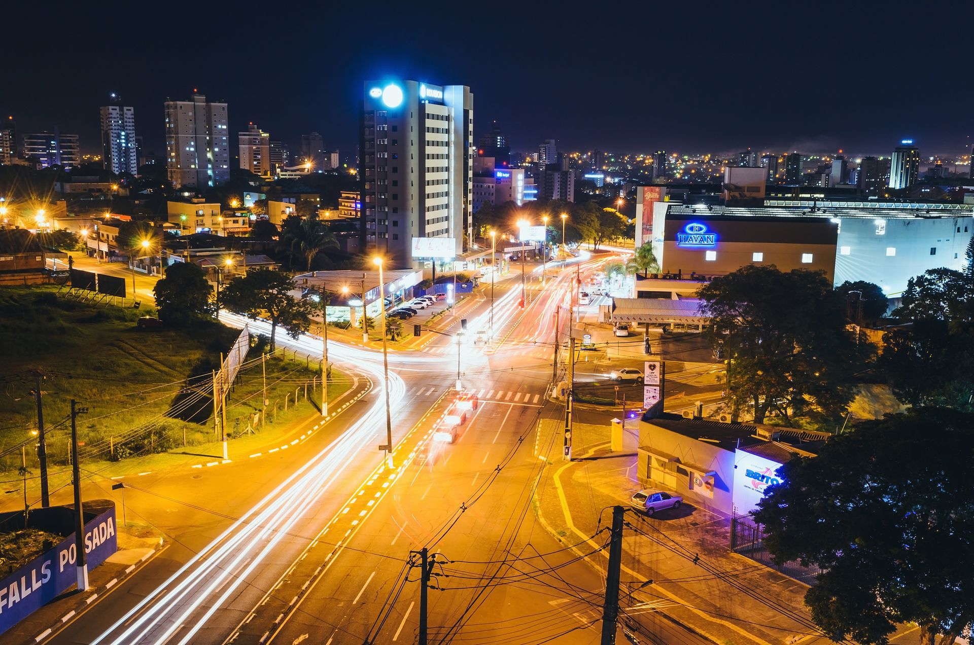 An aerial view of a city street at night