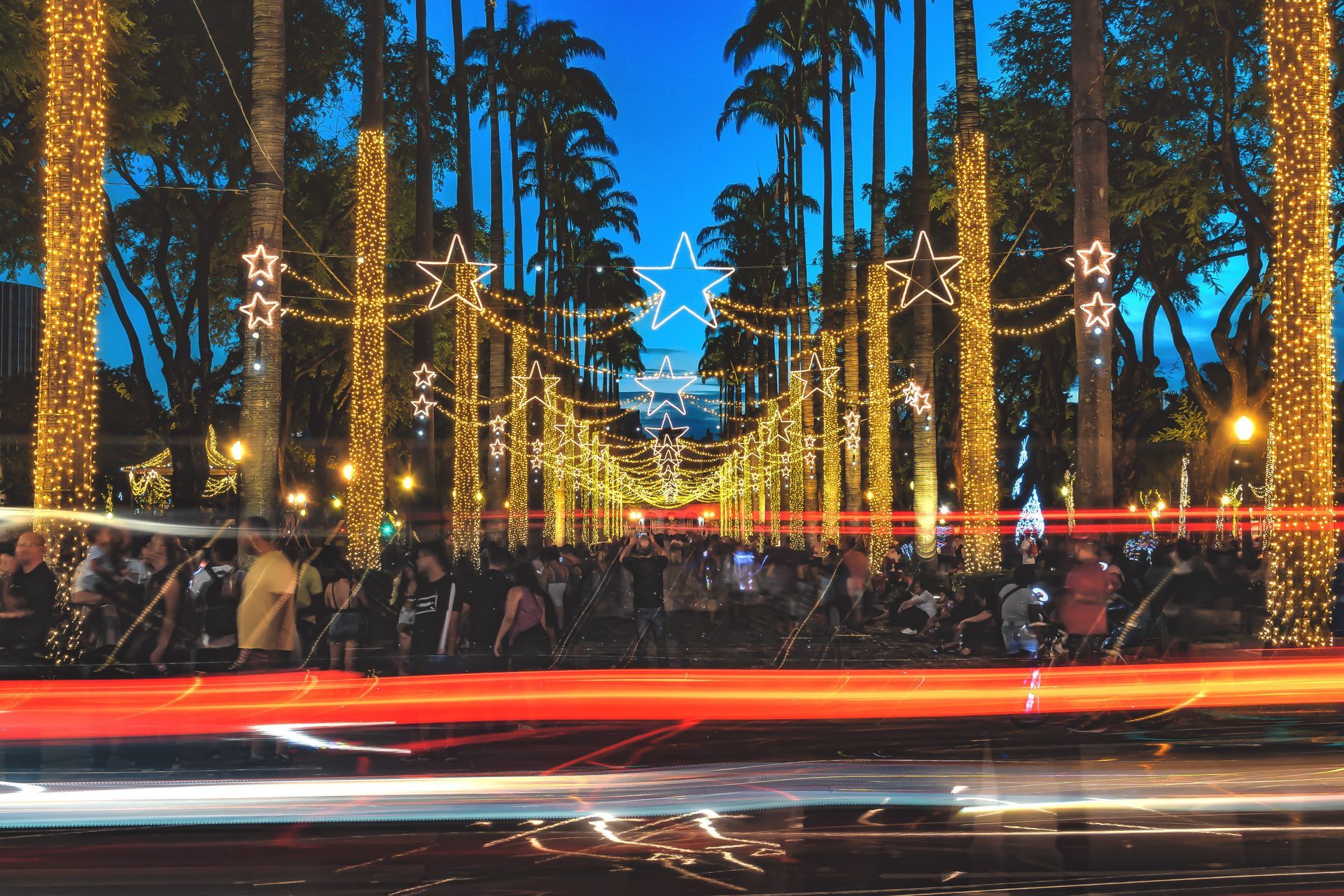 Uma foto de longa exposição de uma rua ladeada por palmeiras e luzes de Natal.