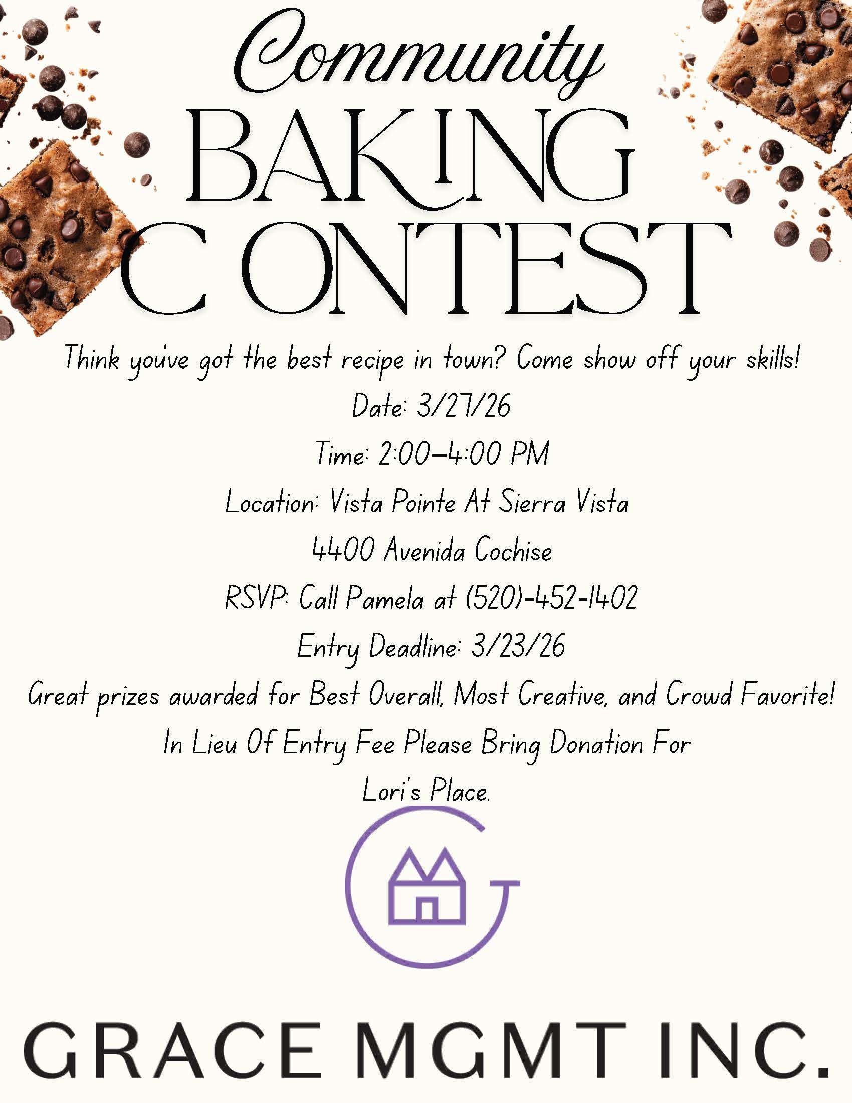 Community baking contest flyer. Date: 5/2/25. Location: White Hall. Prizes for best dessert and most creative.