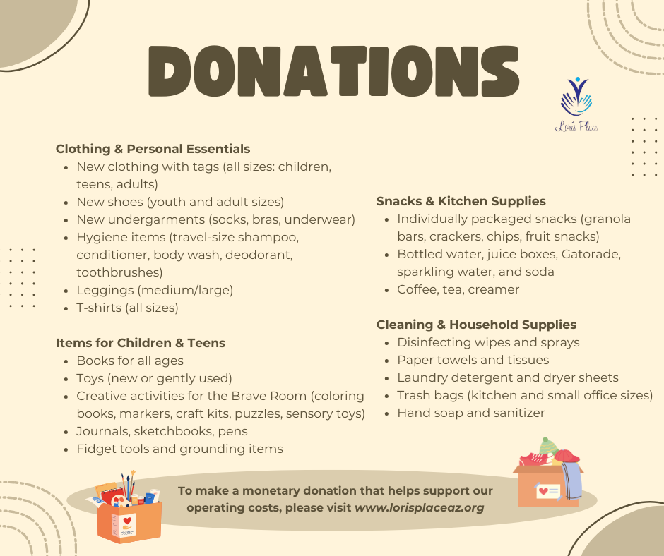 Donation flyer for clothing, personal care, snacks, and supplies. Includes contact info and a link to their website.