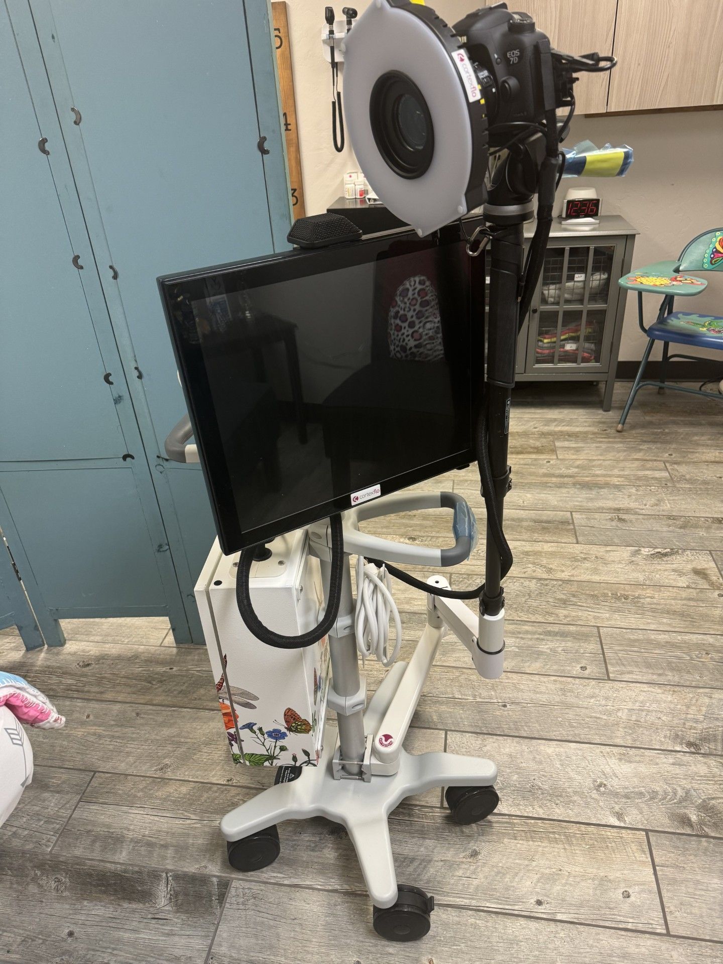 A camera on a stand with a monitor attached to it.