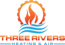 Logo for Three Rivers Heating & Air with red-orange flame and blue wave graphics