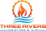 Logo for Three Rivers Heating & Air with red-orange flame and blue wave graphics