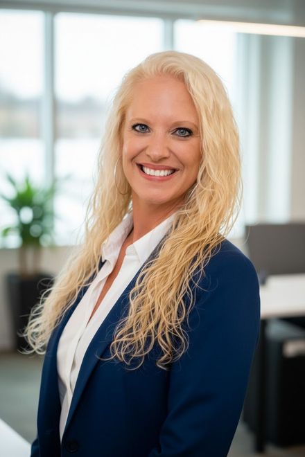 Smiling person with long blonde hair, wearing a navy blue blazer and white collared shirt, in a bright office setting.