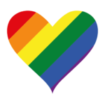 A heart shape filled with the six colors of the LGBTQ+ pride flag in diagonal stripes.
