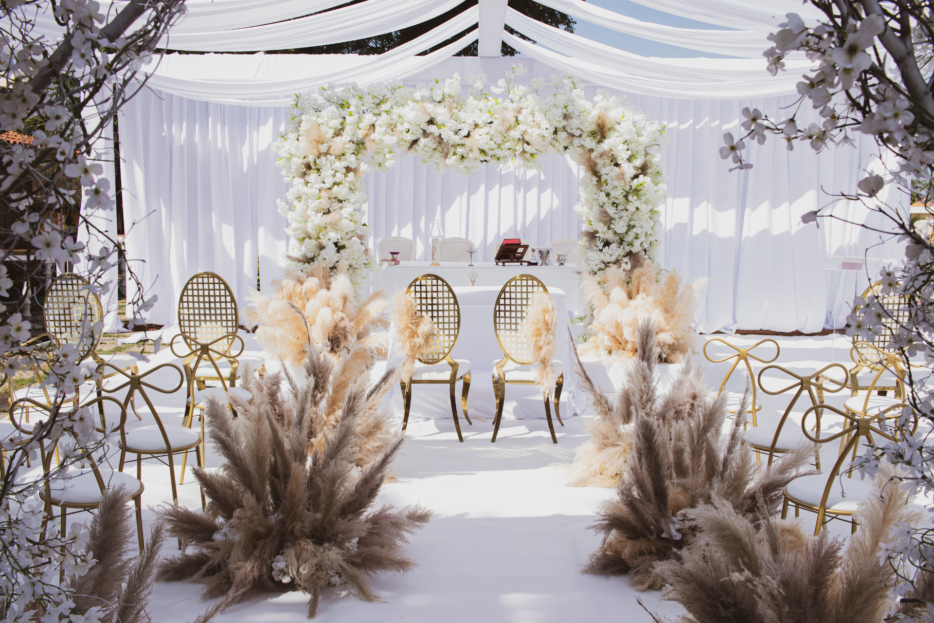An elegant wedding ceremony setup with white floral arches, pampas grass arrangements, and gold chairs on a white runner.