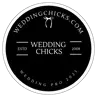 A circular black logo for WeddingChicks.com featuring a bow tie icon, establishment year 2008, and Wedding Pro 2011 text.
