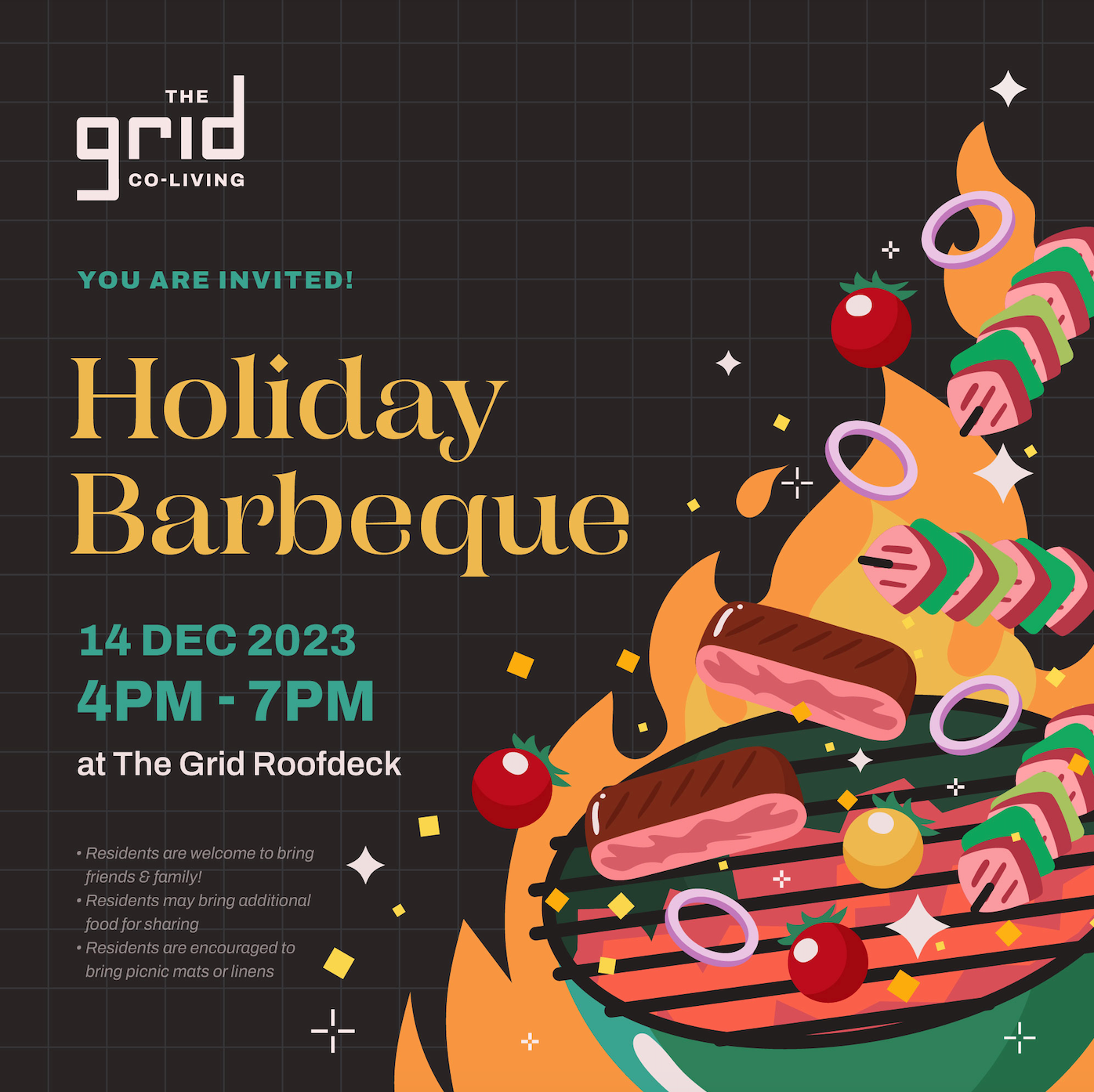 A poster for an event and holiday barbeque on December 14th at the Grid in Makati