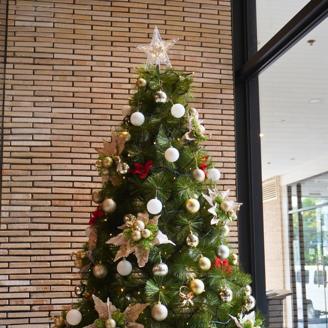 Christmas tree decorated with ornaments, star, against a brick wall, near a window.
