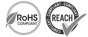 RoHS compliant and REACH compliant logos in gray and black