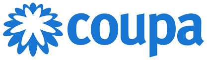 Coupa logo with a blue flower icon and lowercase blue text on a white background