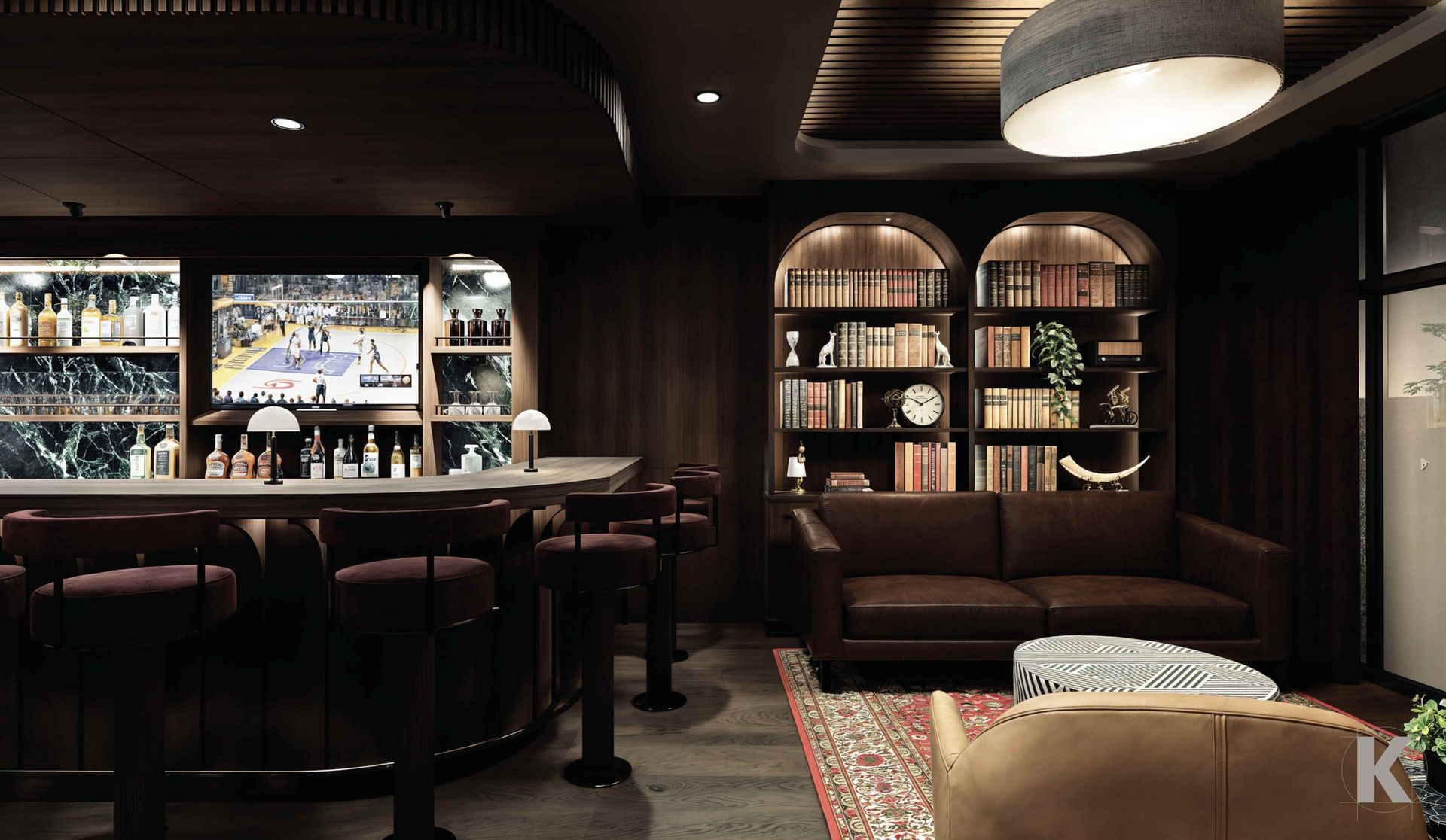 Un salon avec un canapé et un bar