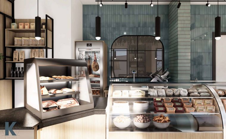 Un rendu d'une boulangerie avec une vitrine remplie de nourriture.